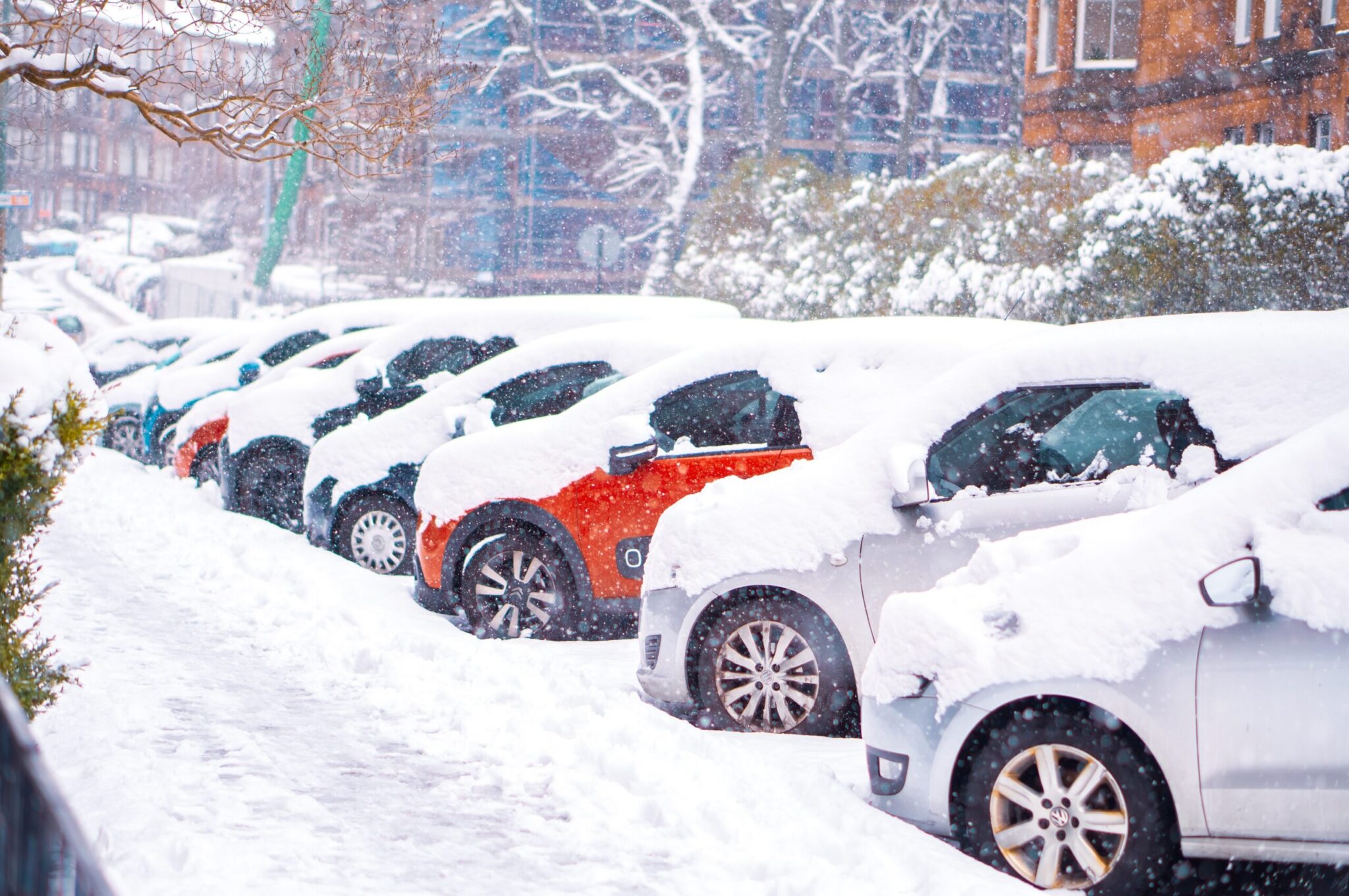 Image of several cars parked in a row, heavily covered in snow.