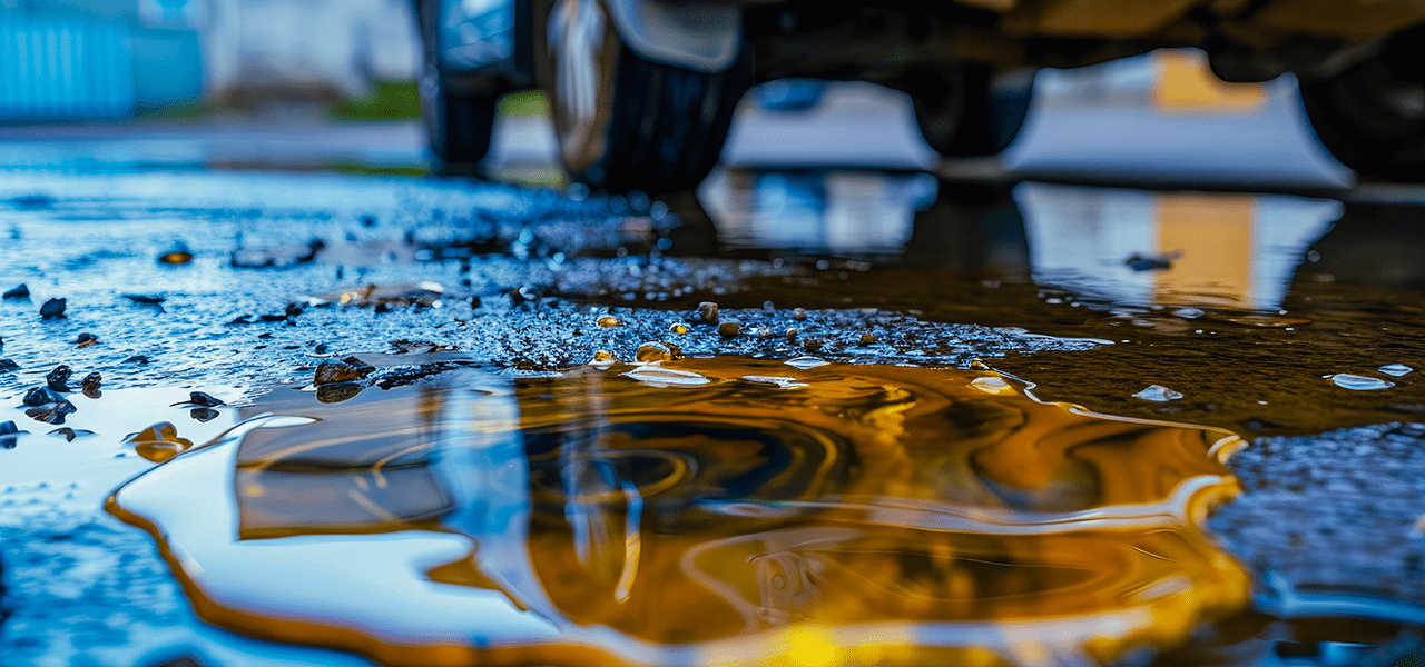 Close-up of a vehicle radiator with visible fluid leakage and corrosion.