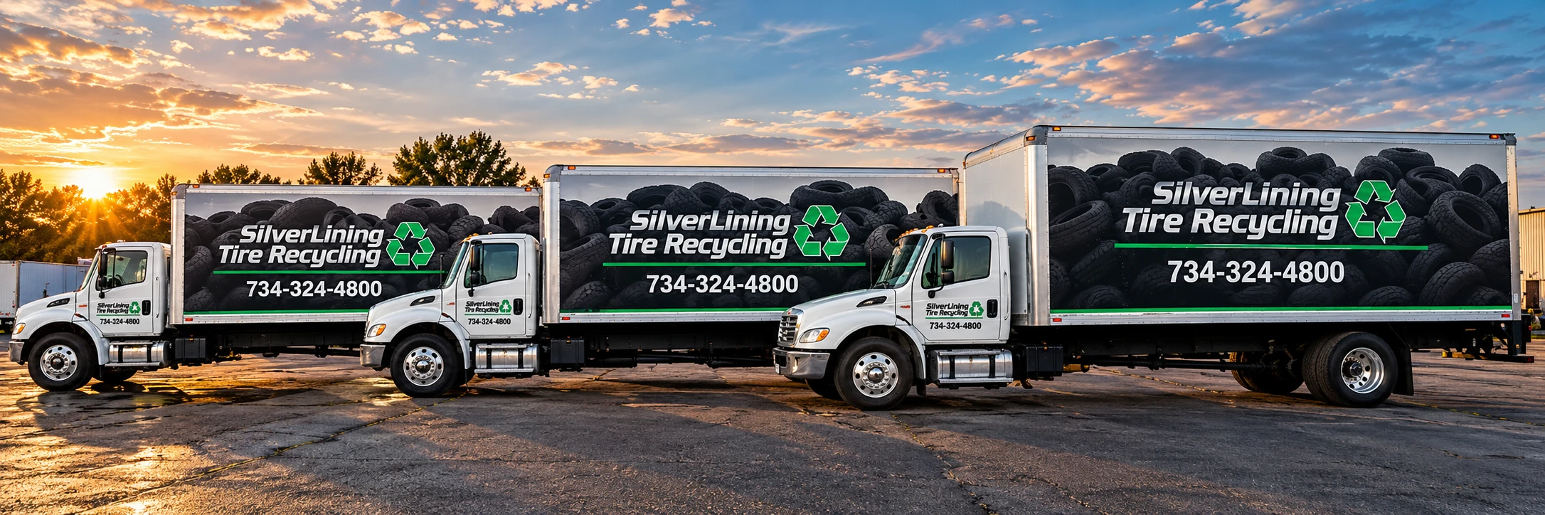 Silver Lining Tire Recycling trucks at sunset